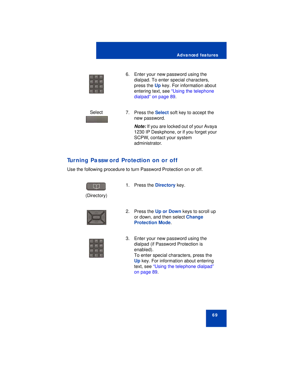 Avaya 1230 manual Turning Password Protection on or off, Dialpad on 