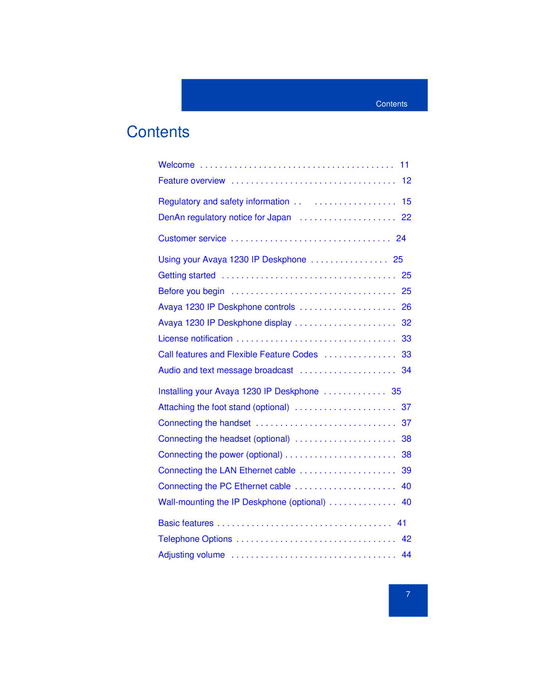 Avaya 1230 manual Contents 