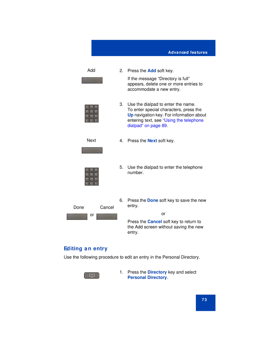 Avaya 1230 manual Editing an entry 