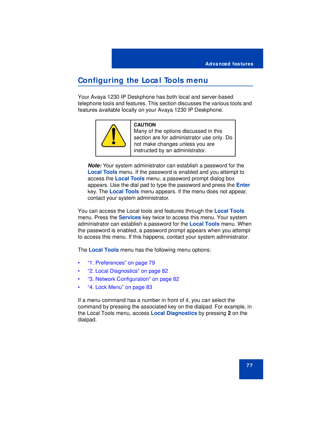 Avaya 1230 manual Configuring the Local Tools menu 