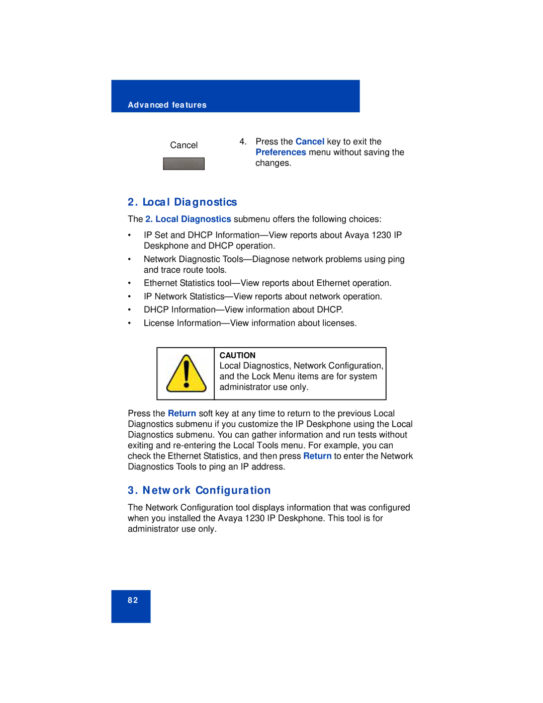 Avaya 1230 manual Local Diagnostics, Network Configuration 