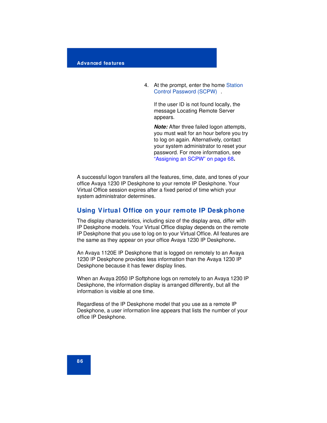 Avaya 1230 manual Using Virtual Office on your remote IP Deskphone 