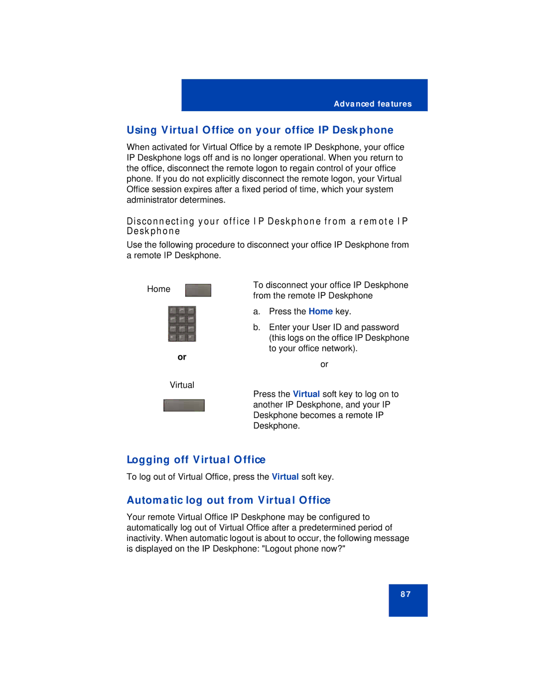 Avaya 1230 manual Using Virtual Office on your office IP Deskphone, Logging off Virtual Office 