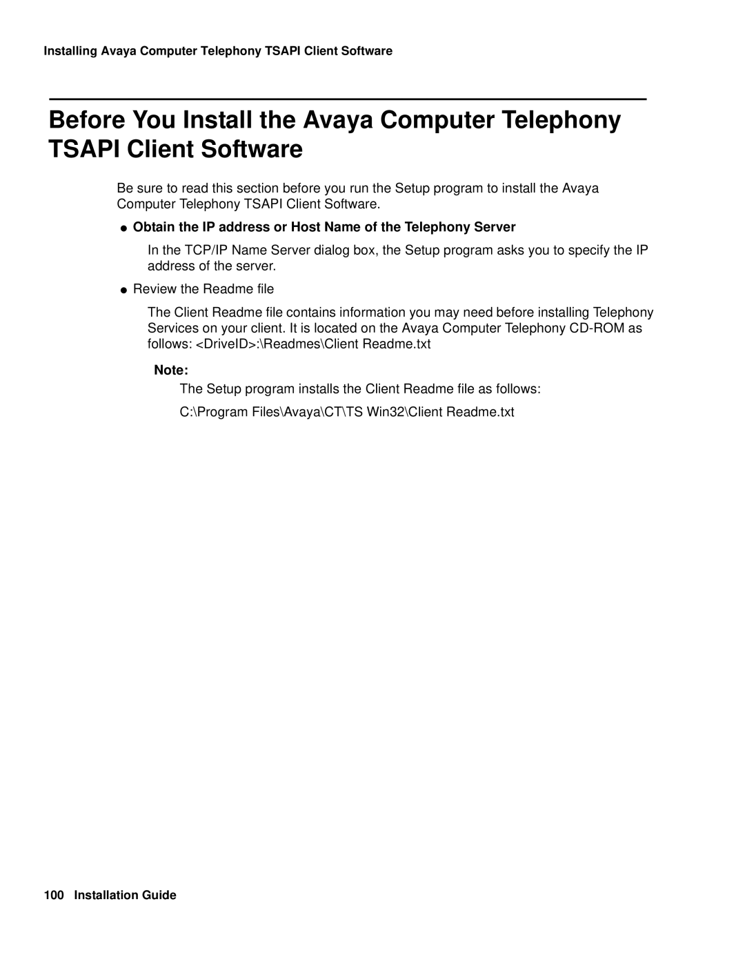 Avaya 1.3 manual Obtain the IP address or Host Name of the Telephony Server 