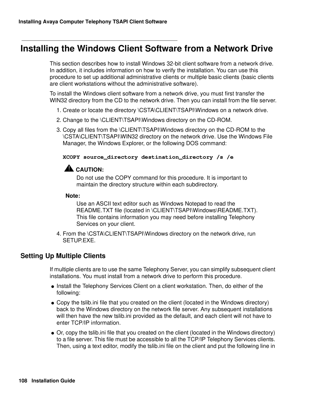 Avaya 1.3 manual Installing the Windows Client Software from a Network Drive, Setting Up Multiple Clients 