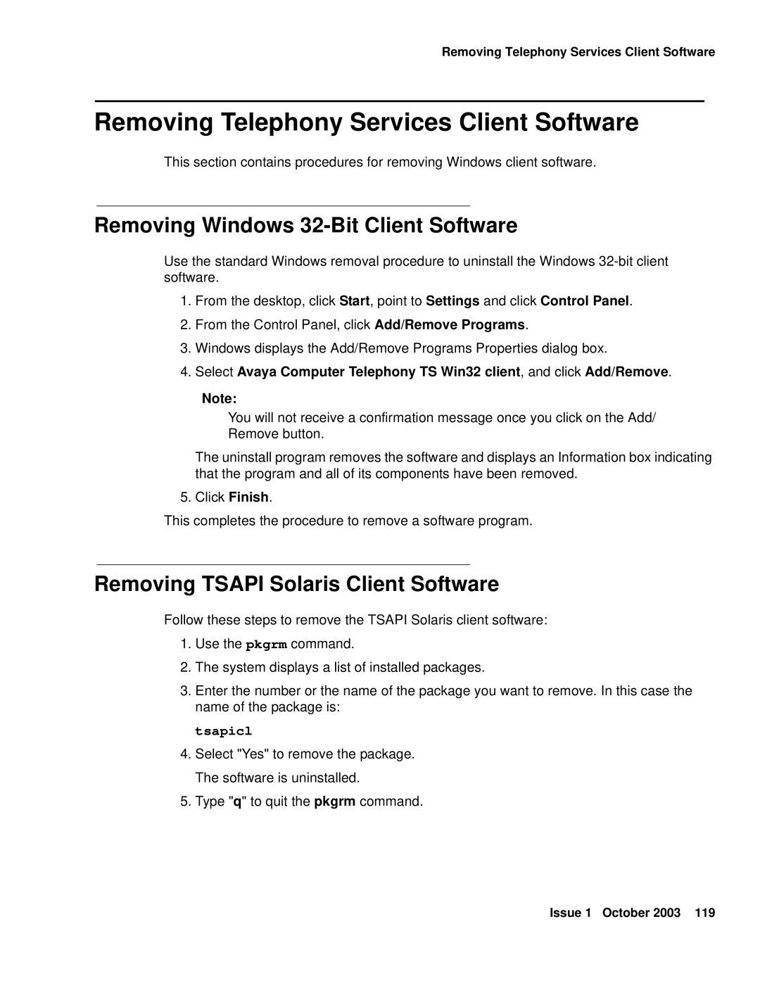 Avaya 1.3 manual Removing Telephony Services Client Software, Removing Windows 32-Bit Client Software, Tsapicl 