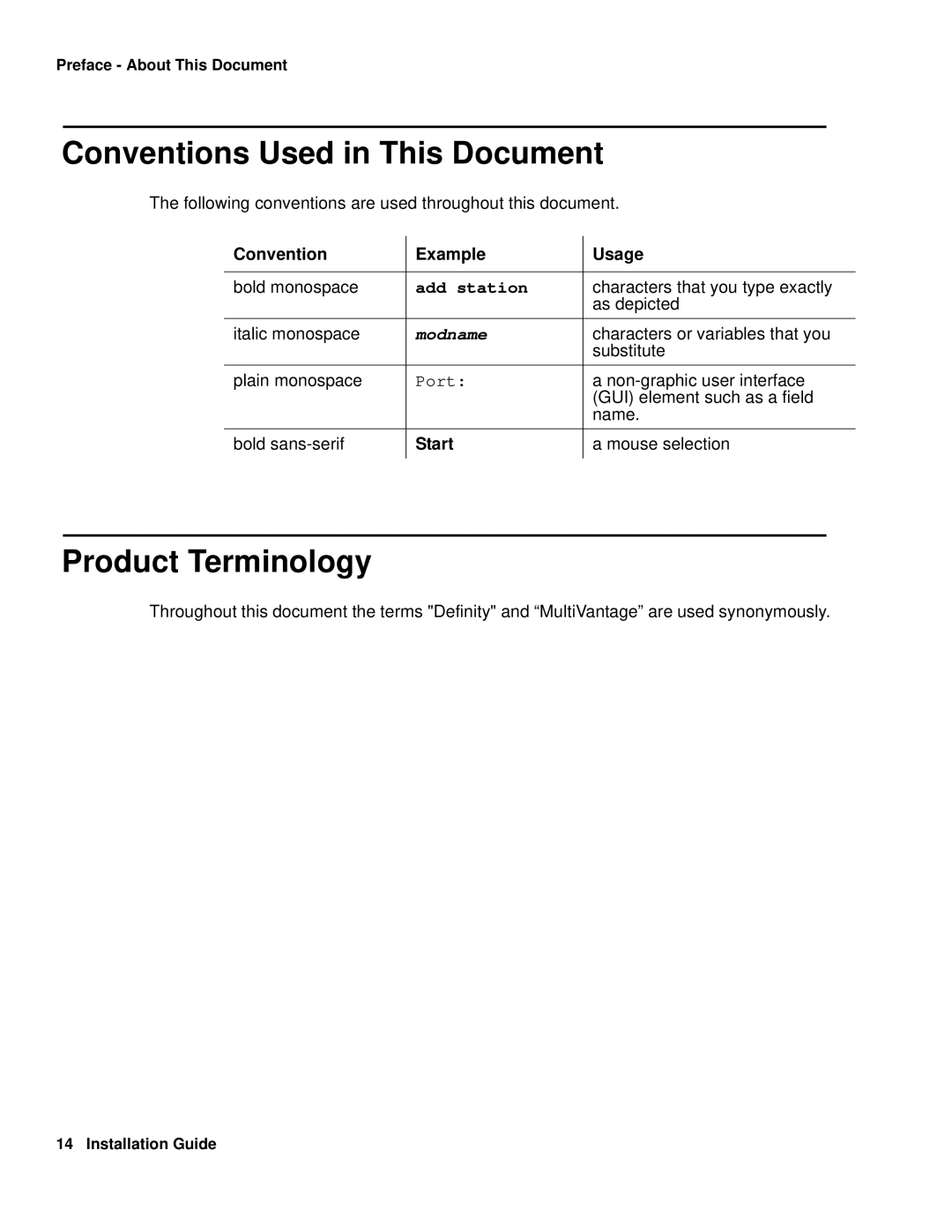 Avaya 1.3 manual Conventions Used in This Document, Product Terminology, Convention Example Usage, Add station, Start 