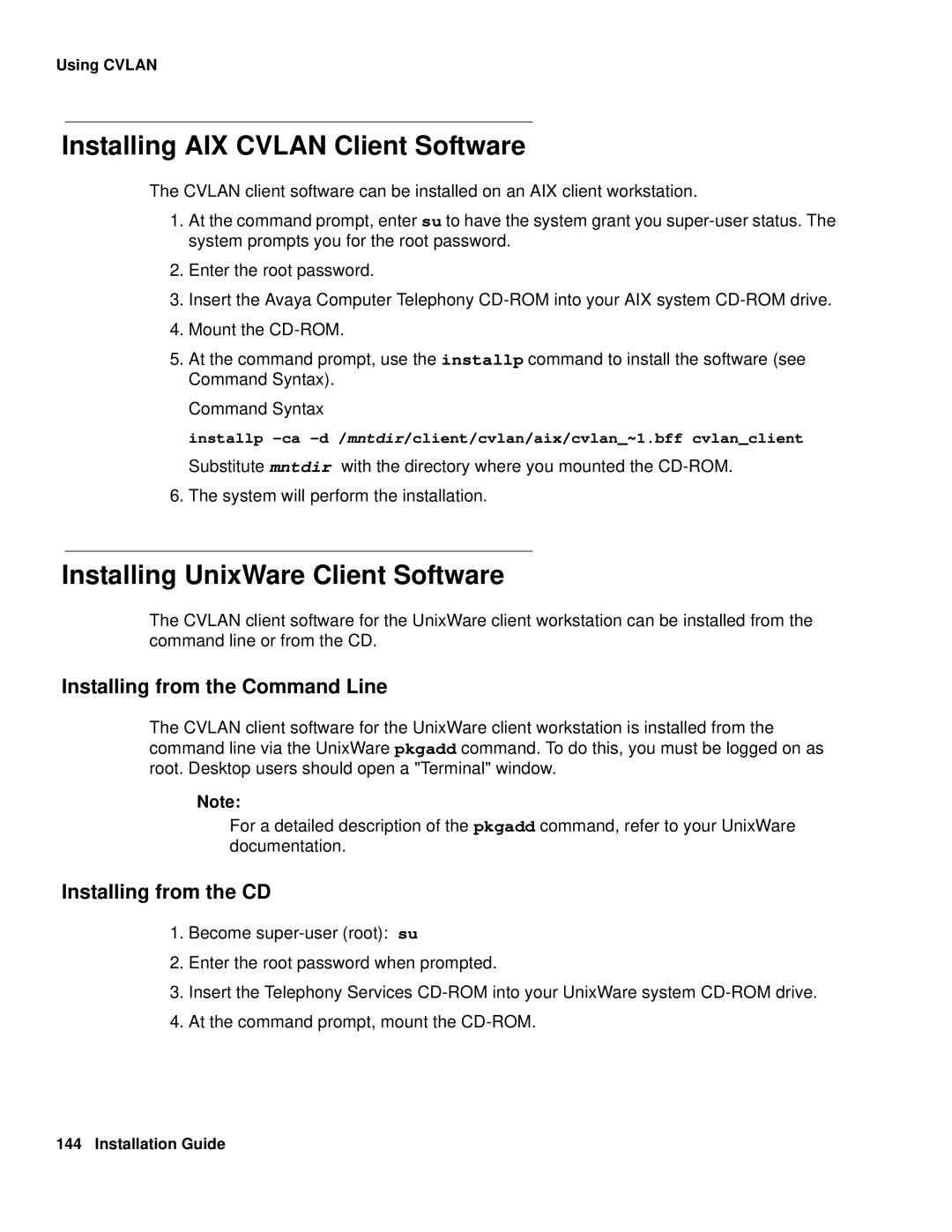 Avaya 1.3 Installing AIX Cvlan Client Software, Installing UnixWare Client Software, Installing from the Command Line 