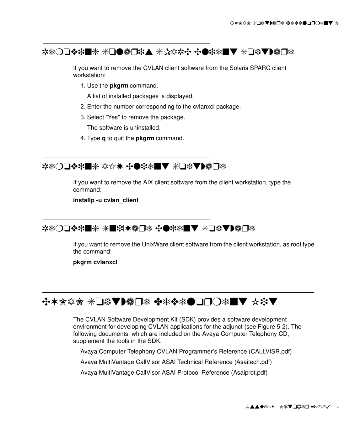 Avaya 1.3 manual Cvlan Software Development Kit, Removing Solaris Sparc Client Software, Removing AIX Client Software 