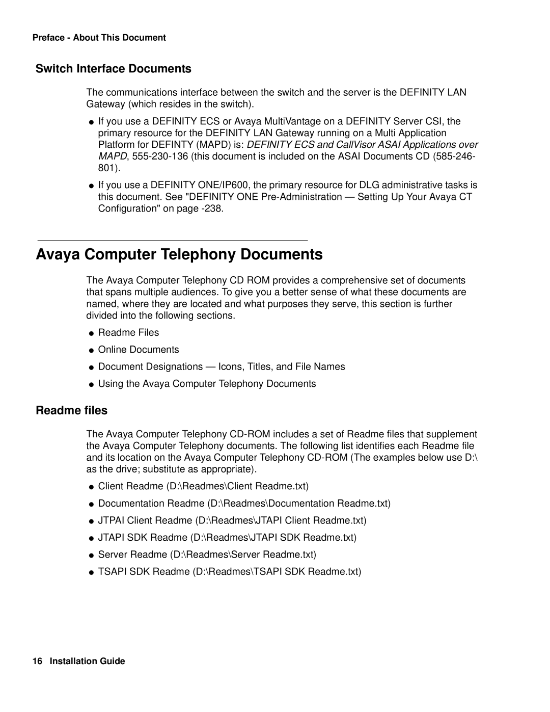 Avaya 1.3 manual Avaya Computer Telephony Documents, Switch Interface Documents, Readme files 