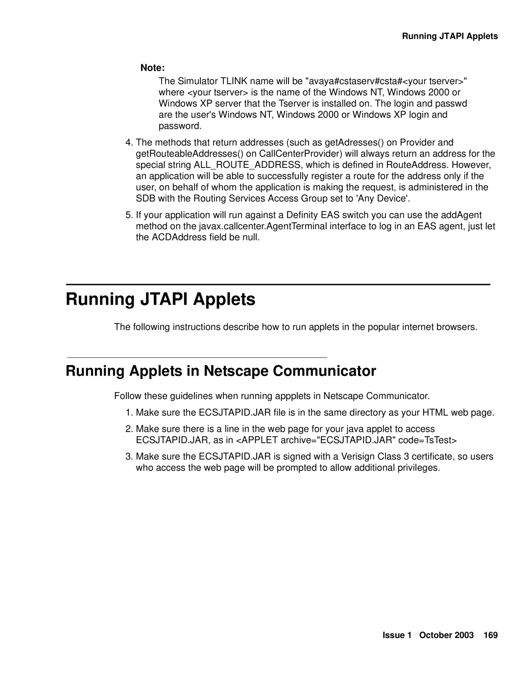 Avaya 1.3 manual Running Jtapi Applets, Running Applets in Netscape Communicator 