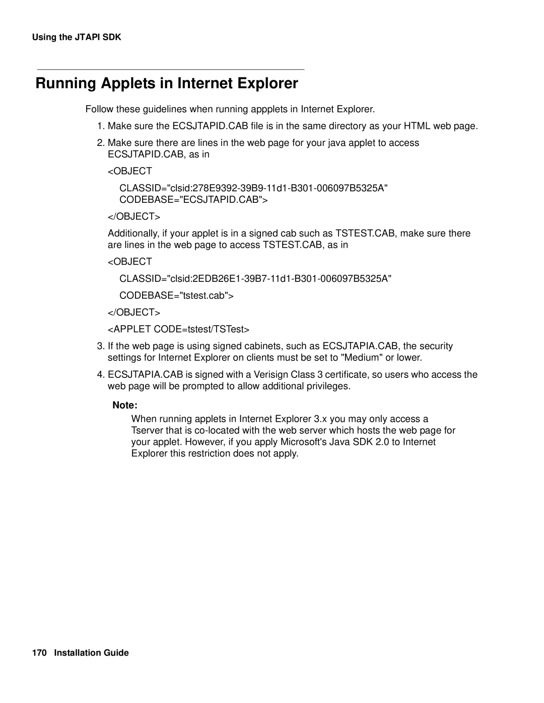 Avaya 1.3 manual Running Applets in Internet Explorer, CODEBASE=ECSJTAPID.CAB Object 