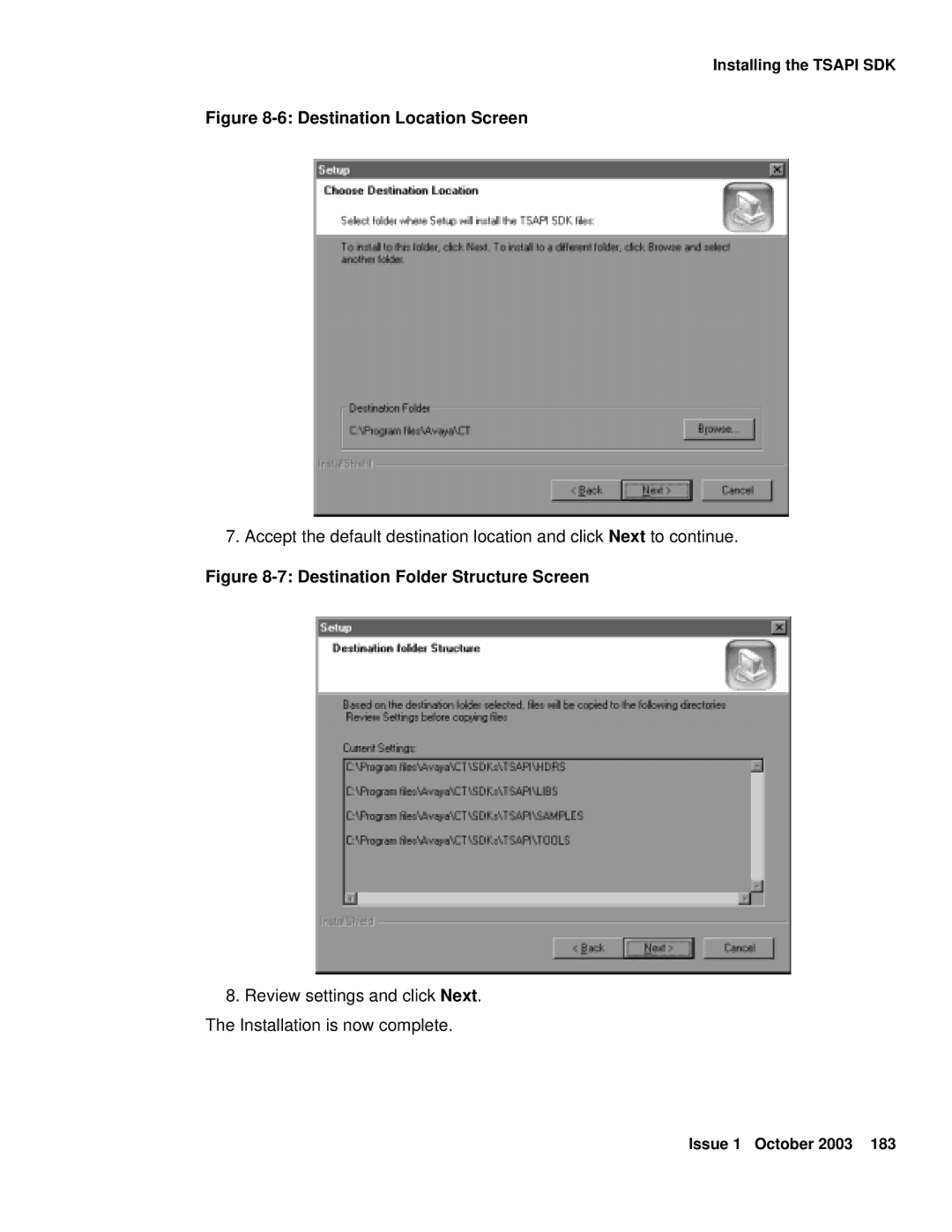 Avaya 1.3 manual Destination Location Screen 