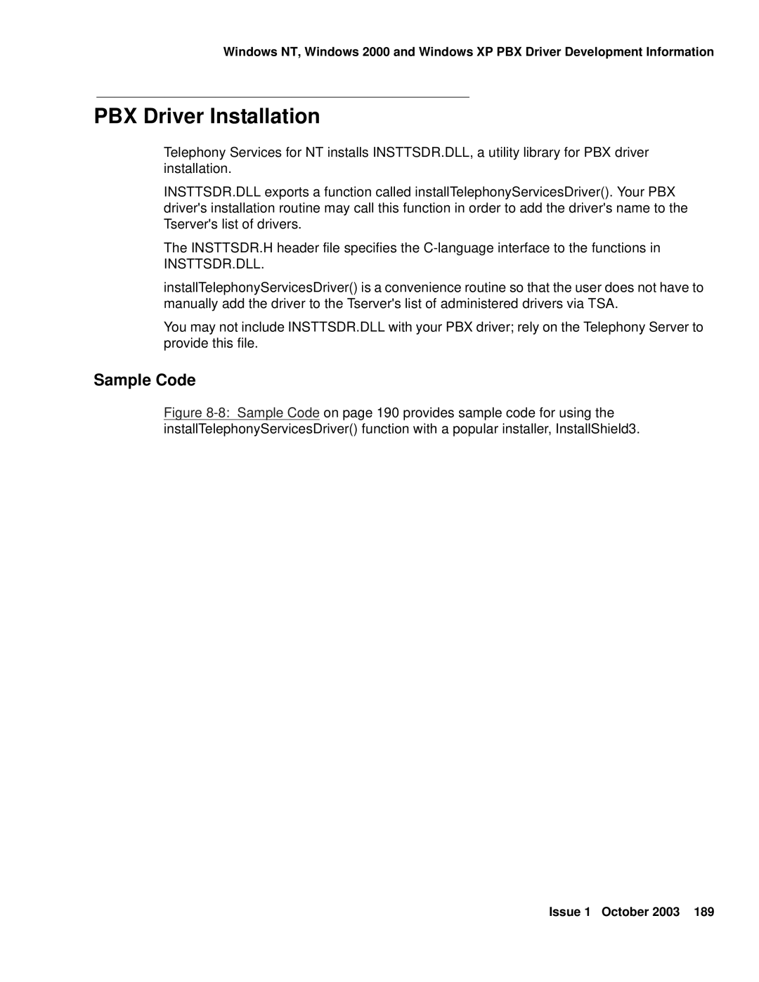 Avaya 1.3 manual PBX Driver Installation, Sample Code, Insttsdr.Dll 