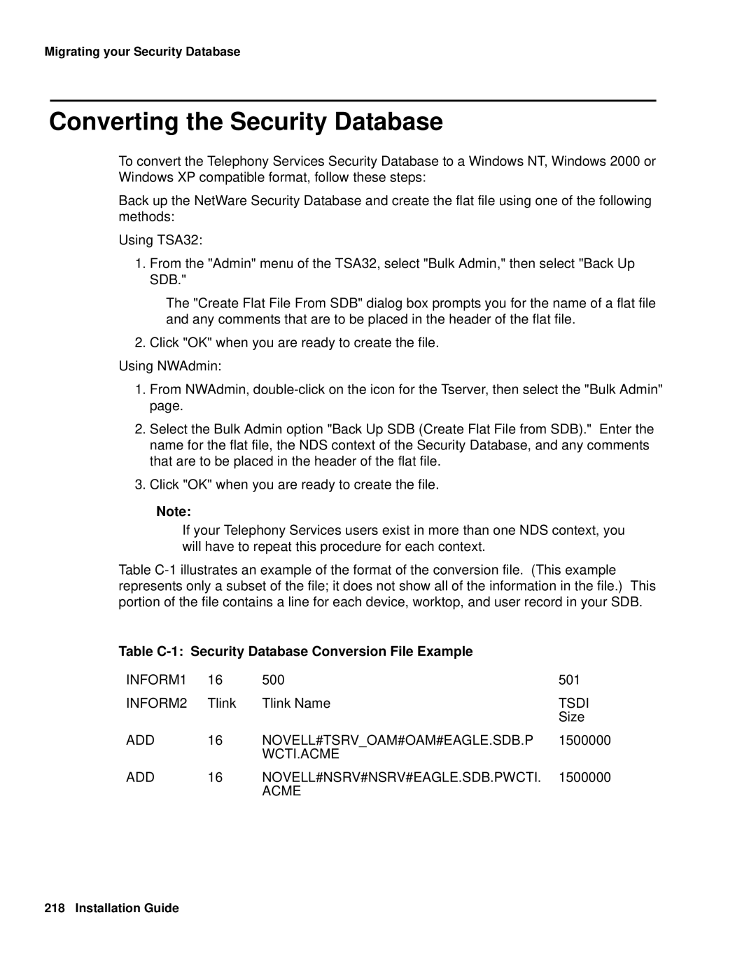 Avaya 1.3 manual Converting the Security Database, Table C-1 Security Database Conversion File Example 