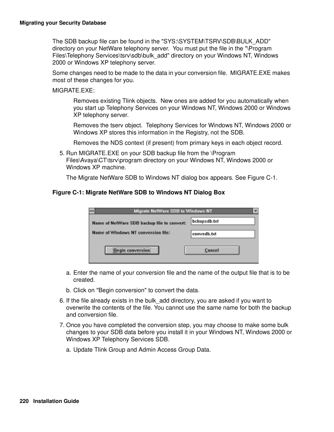 Avaya 1.3 manual Migrate.Exe, Figure C-1 Migrate NetWare SDB to Windows NT Dialog Box 