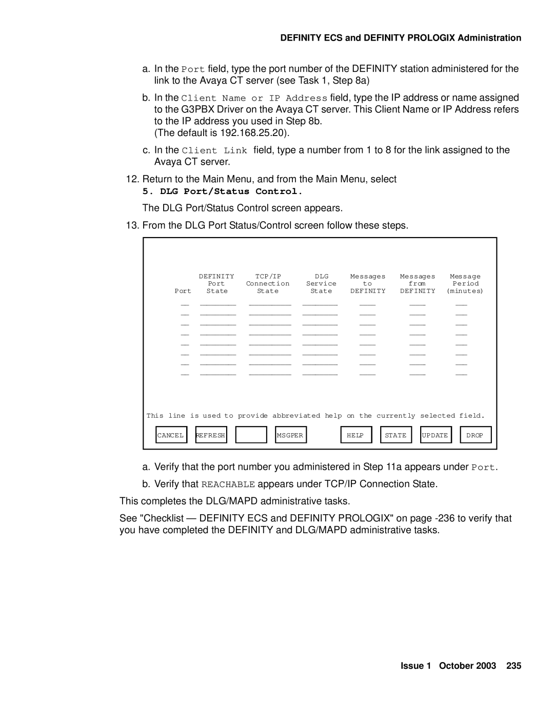 Avaya 1.3 manual Cancel Refresh Msgper Help State Update 