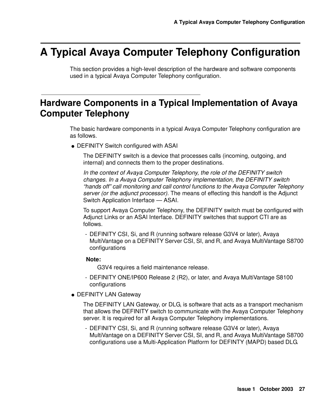 Avaya 1.3 manual Typical Avaya Computer Telephony Configuration 