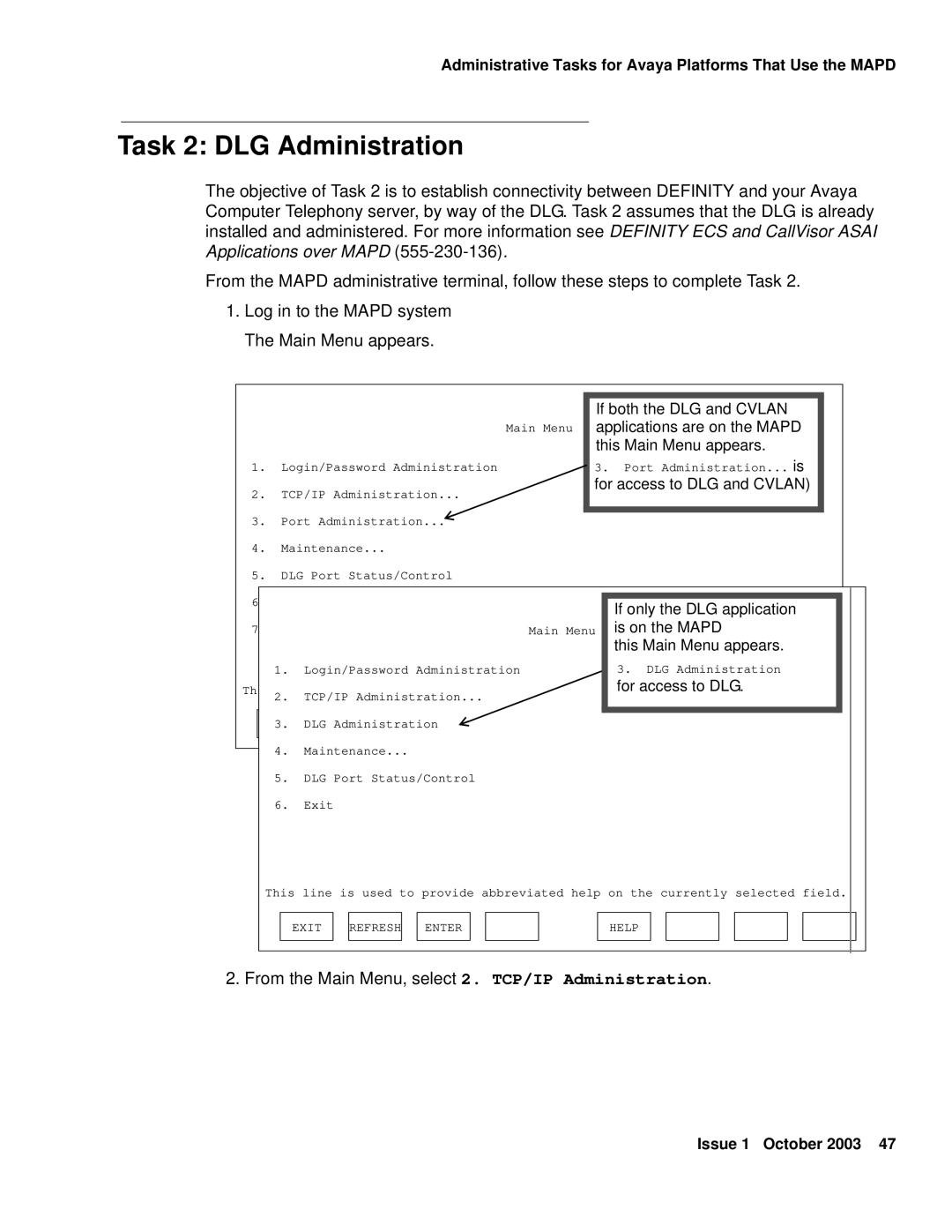 Avaya 1.3 manual Task 2 DLG Administration, Is on the Mapd This Main Menu appears 