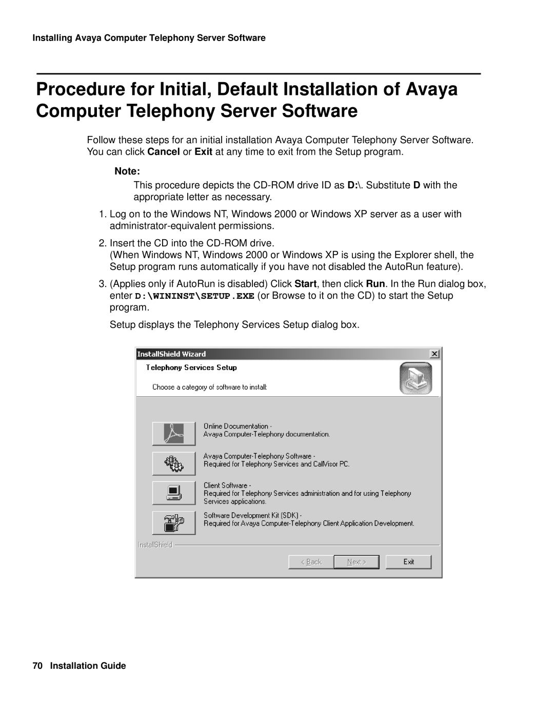 Avaya 1.3 manual Installing Avaya Computer Telephony Server Software 