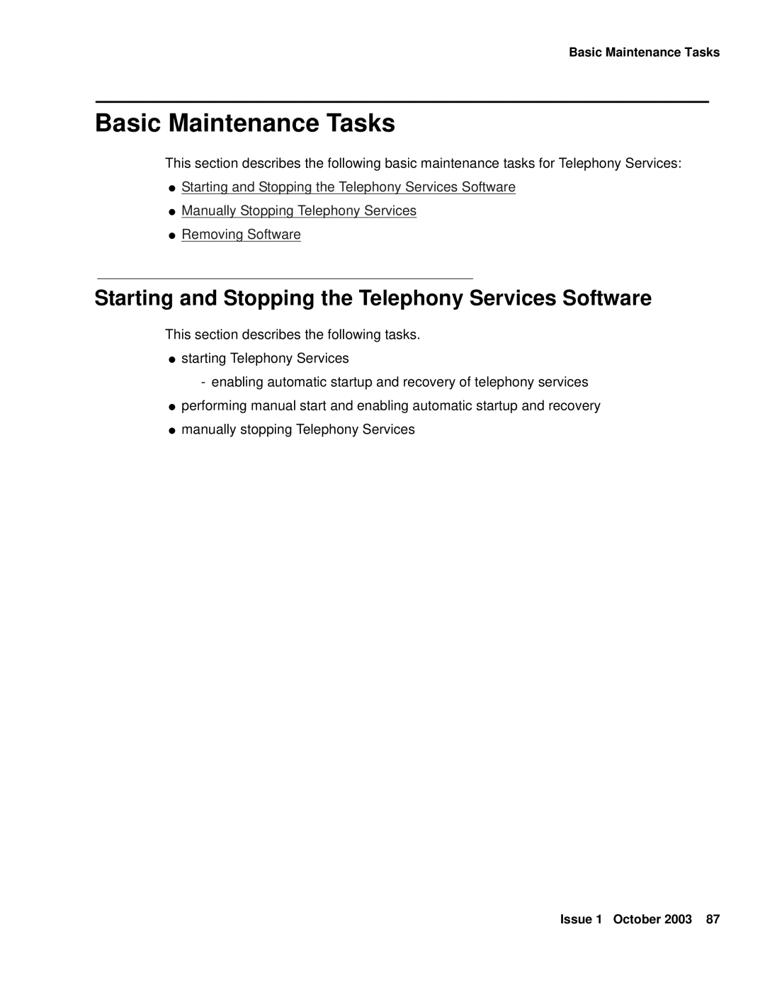 Avaya 1.3 manual Basic Maintenance Tasks, Starting and Stopping the Telephony Services Software 