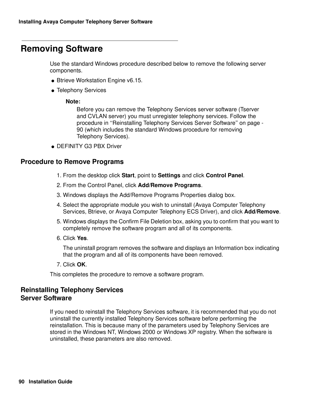 Avaya 1.3 manual Removing Software, Procedure to Remove Programs, Reinstalling Telephony Services Server Software 