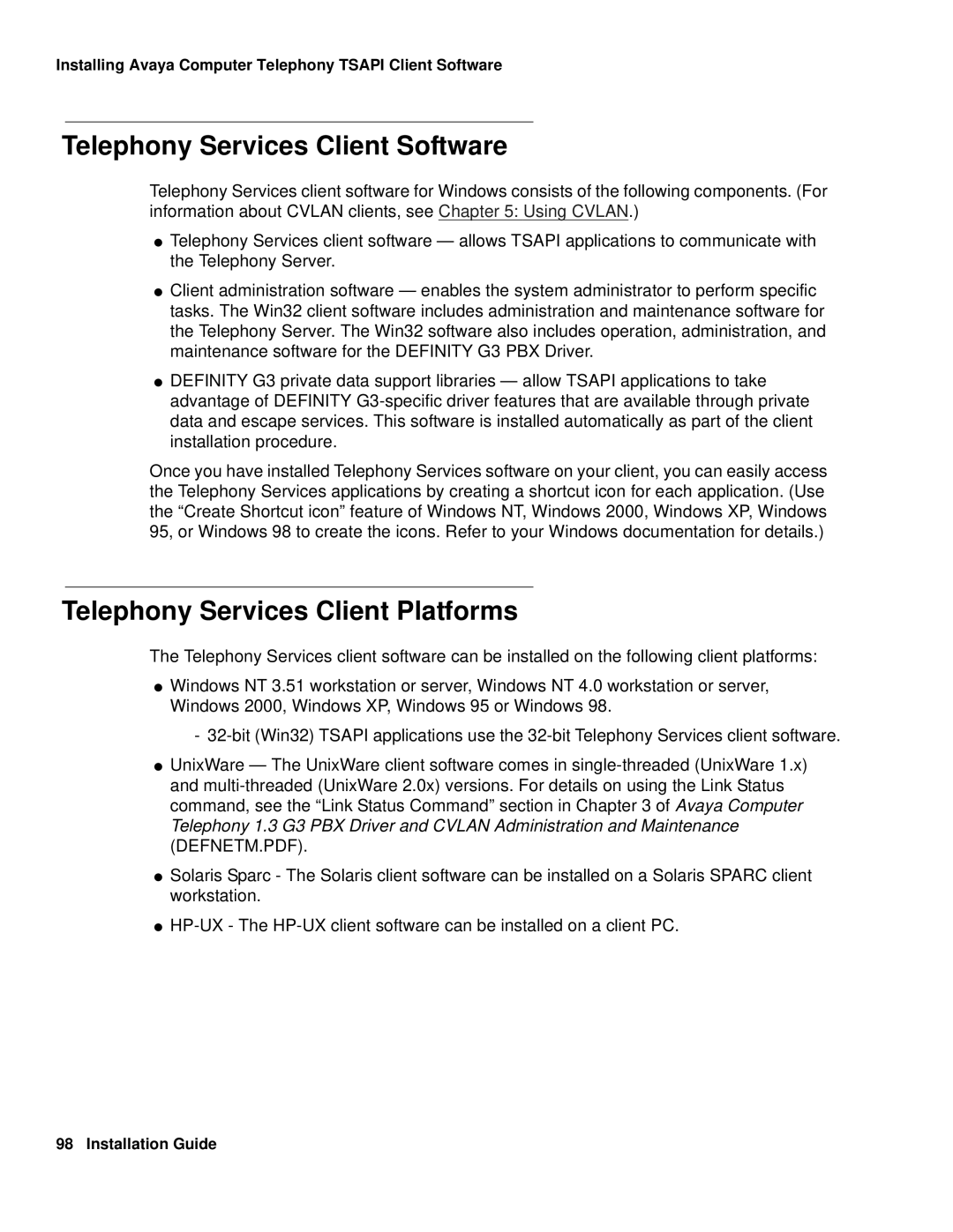 Avaya 1.3 manual Telephony Services Client Software, Telephony Services Client Platforms 