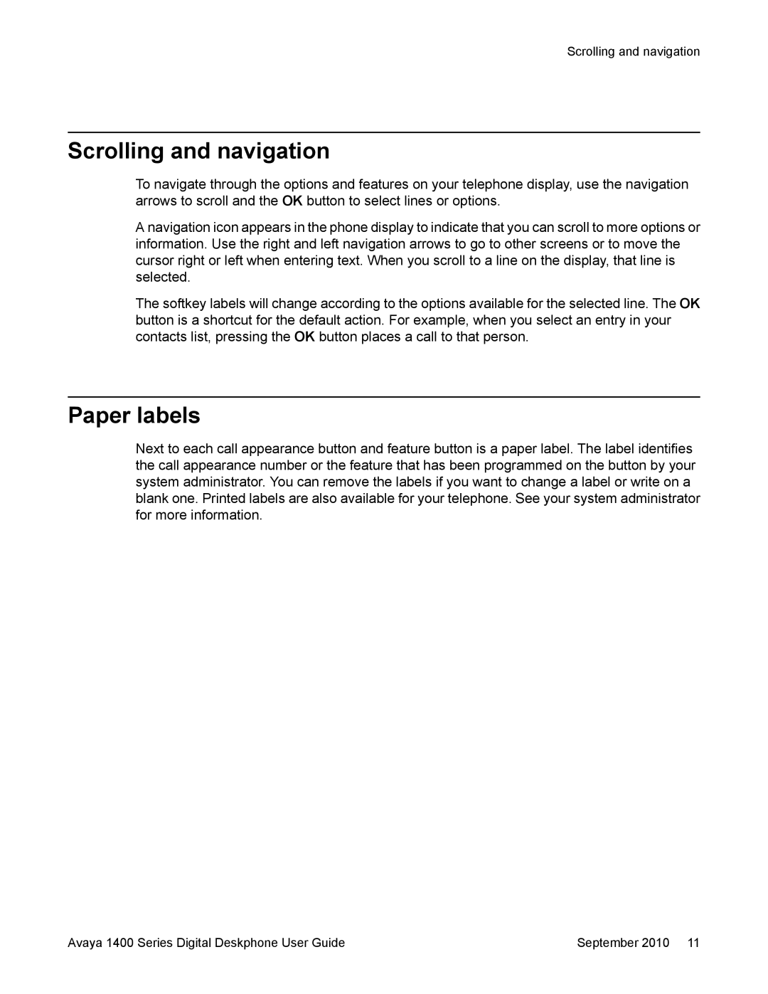 Avaya 1400 Series manual Scrolling and navigation, Paper labels 