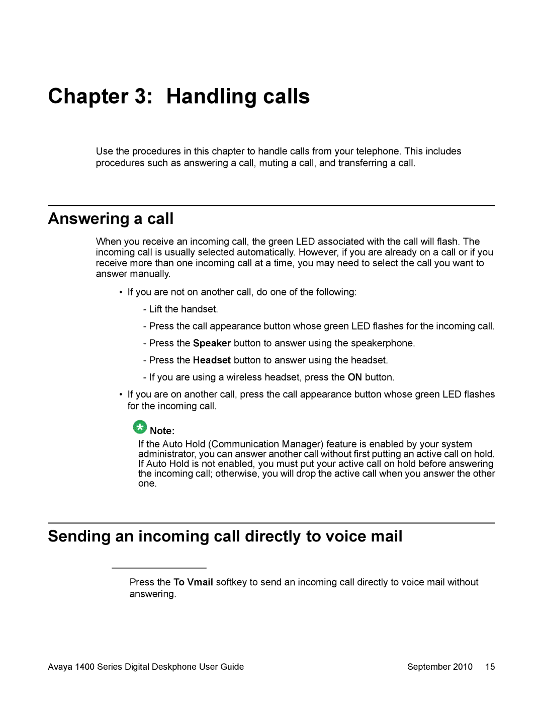 Avaya 1400 Series manual Handling calls, Answering a call, Sending an incoming call directly to voice mail 