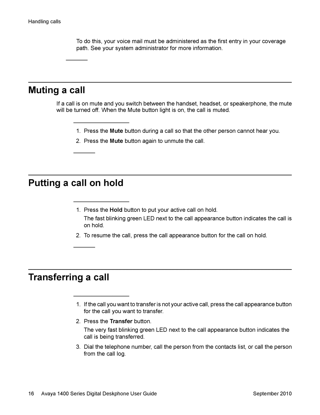 Avaya 1400 Series manual Muting a call, Putting a call on hold, Transferring a call 