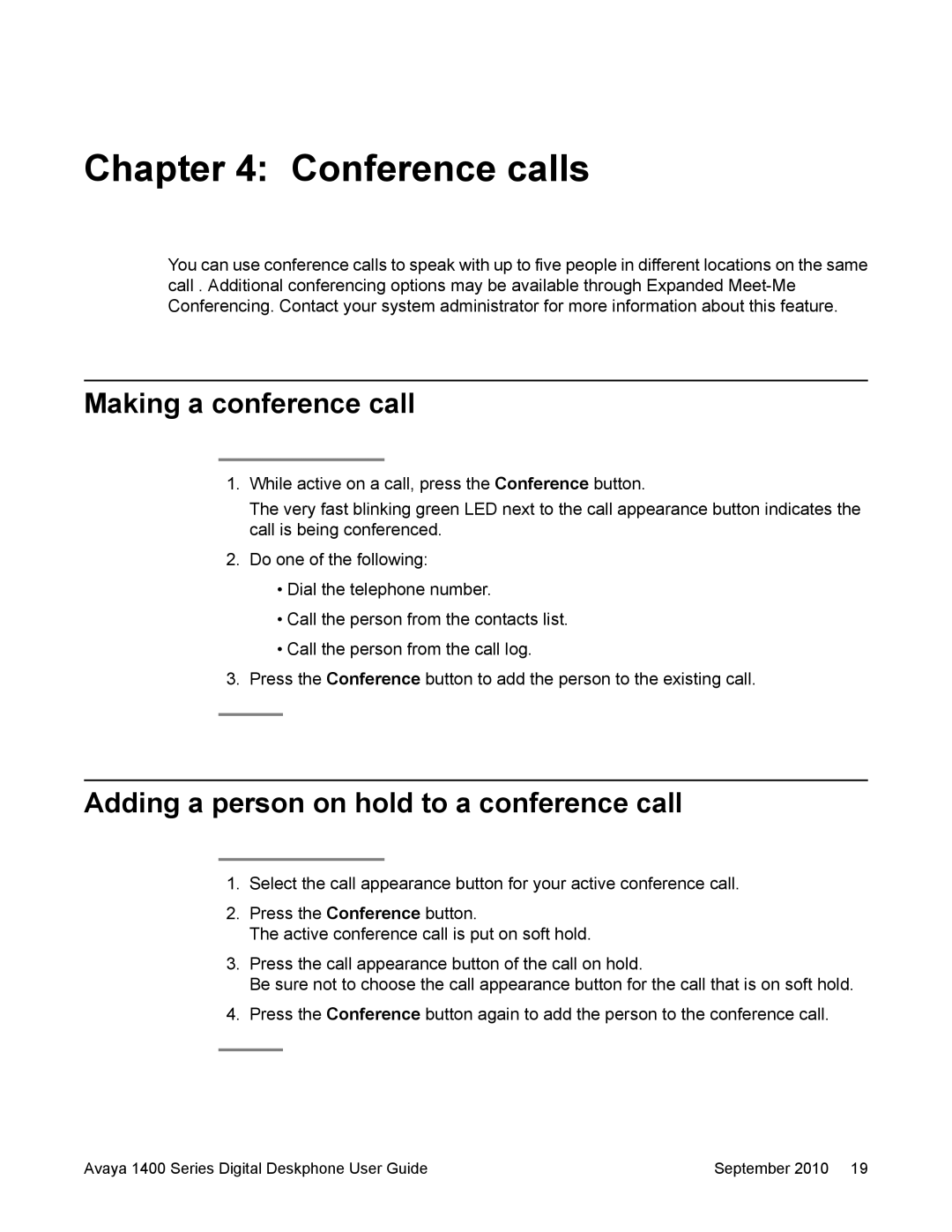 Avaya 1400 Series manual Conference calls, Making a conference call, Adding a person on hold to a conference call 