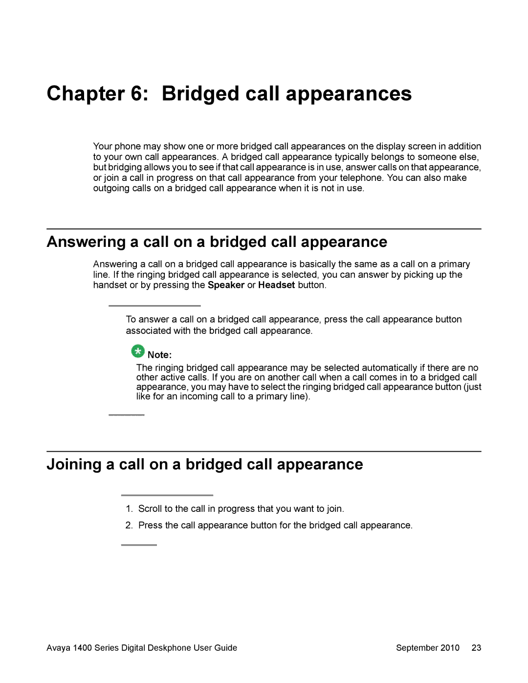 Avaya 1400 Series manual Bridged call appearances, Answering a call on a bridged call appearance 