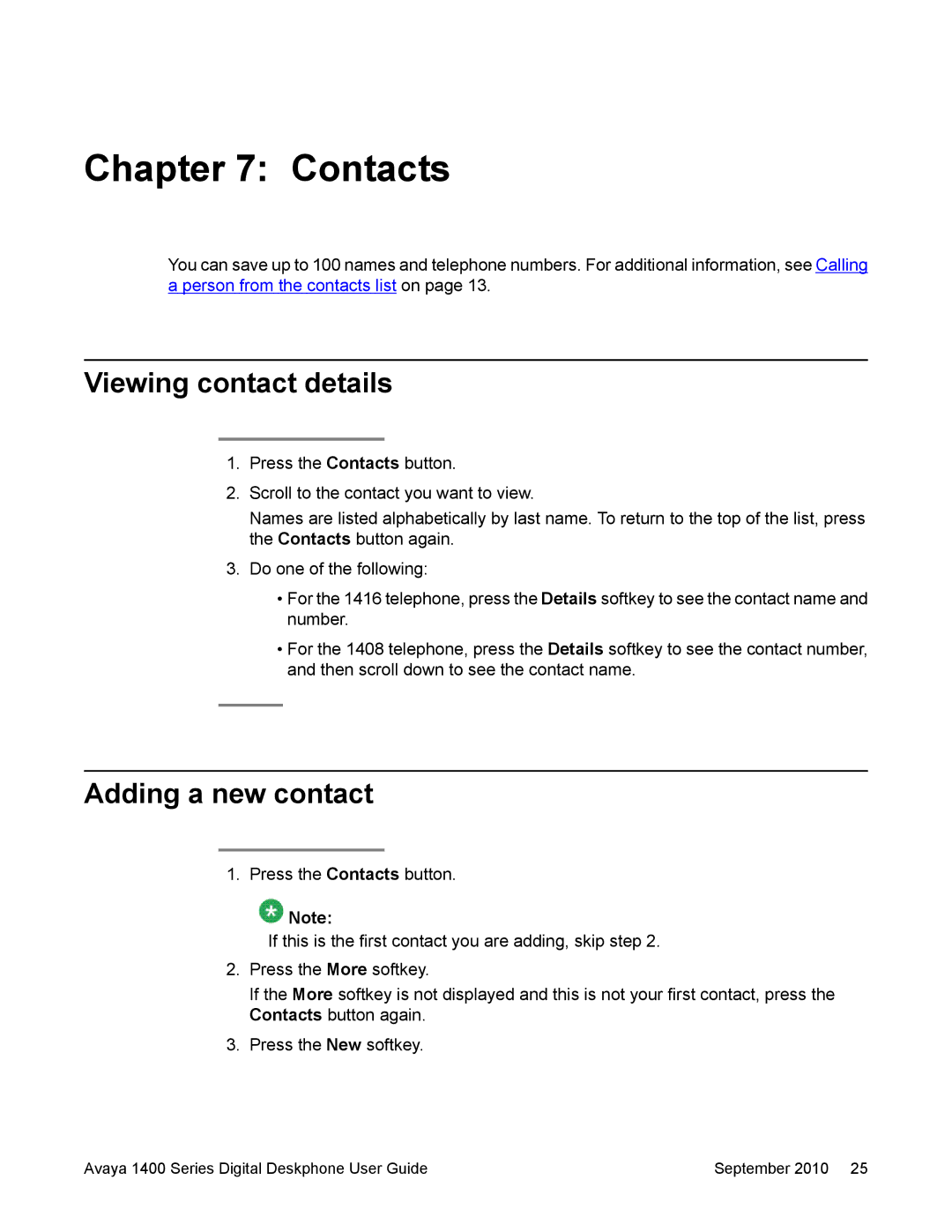 Avaya 1400 Series manual Contacts, Viewing contact details, Adding a new contact 