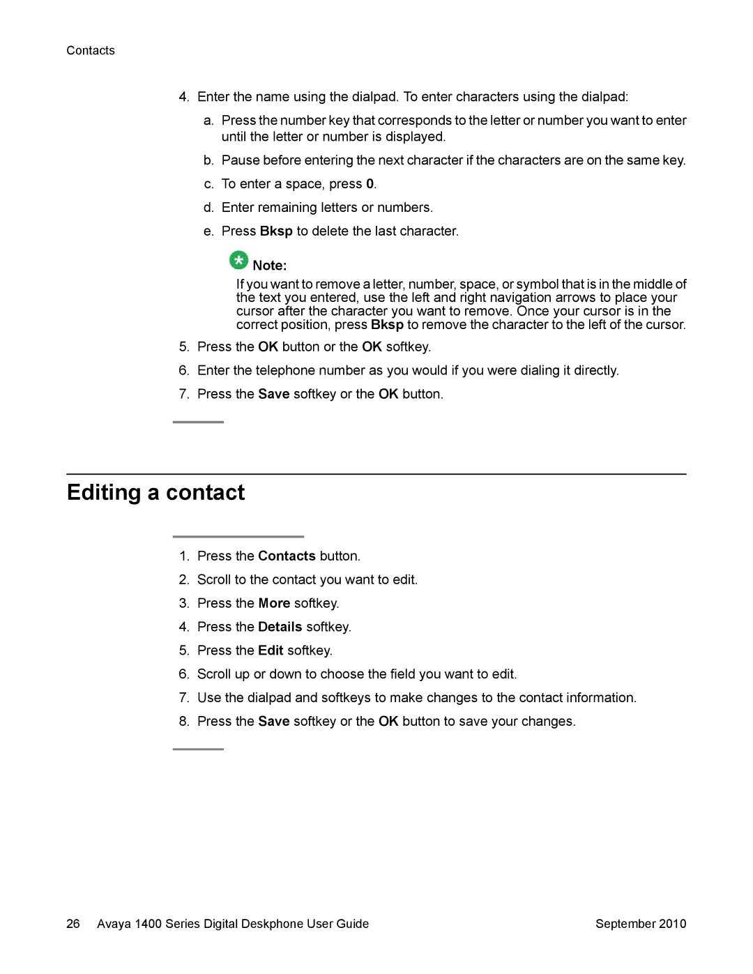 Avaya 1400 Series manual Editing a contact 