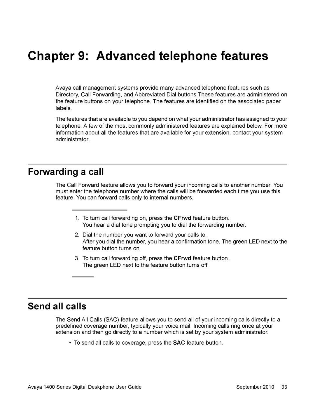 Avaya 1400 Series manual Advanced telephone features, Forwarding a call, Send all calls 