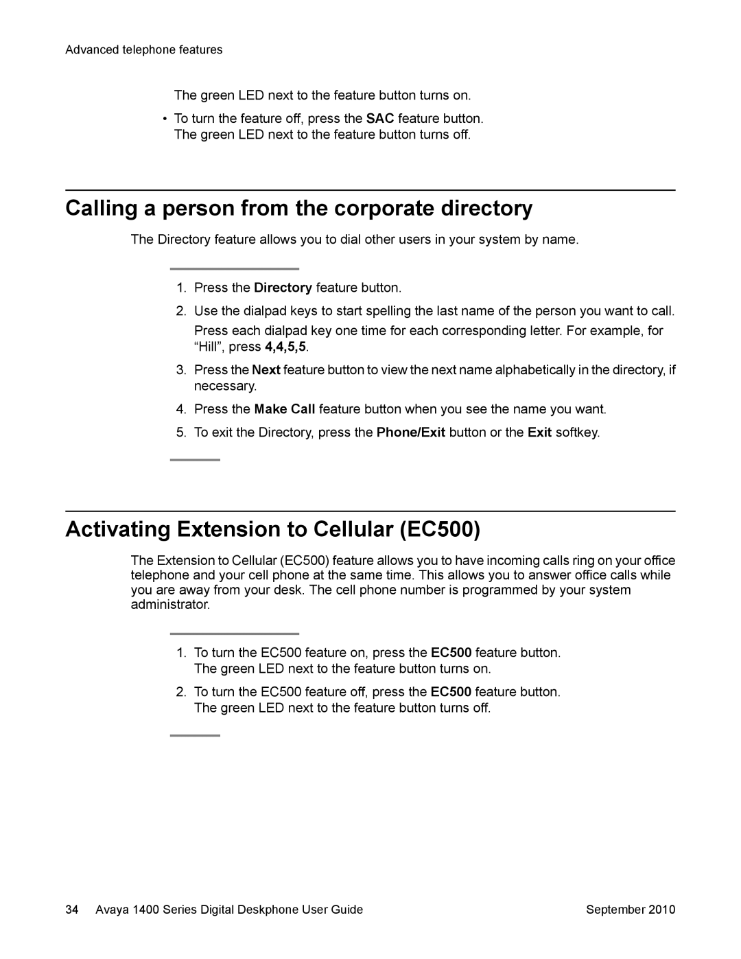 Avaya 1400 Series manual Calling a person from the corporate directory, Activating Extension to Cellular EC500 