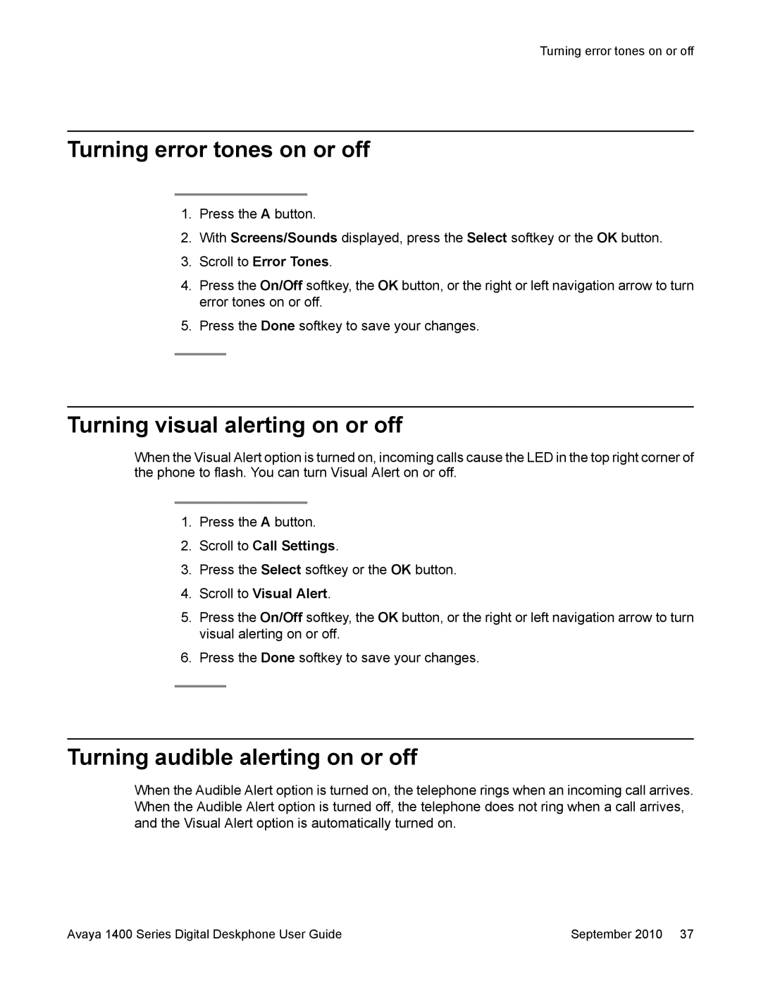 Avaya 1400 Series Turning error tones on or off, Turning visual alerting on or off, Turning audible alerting on or off 