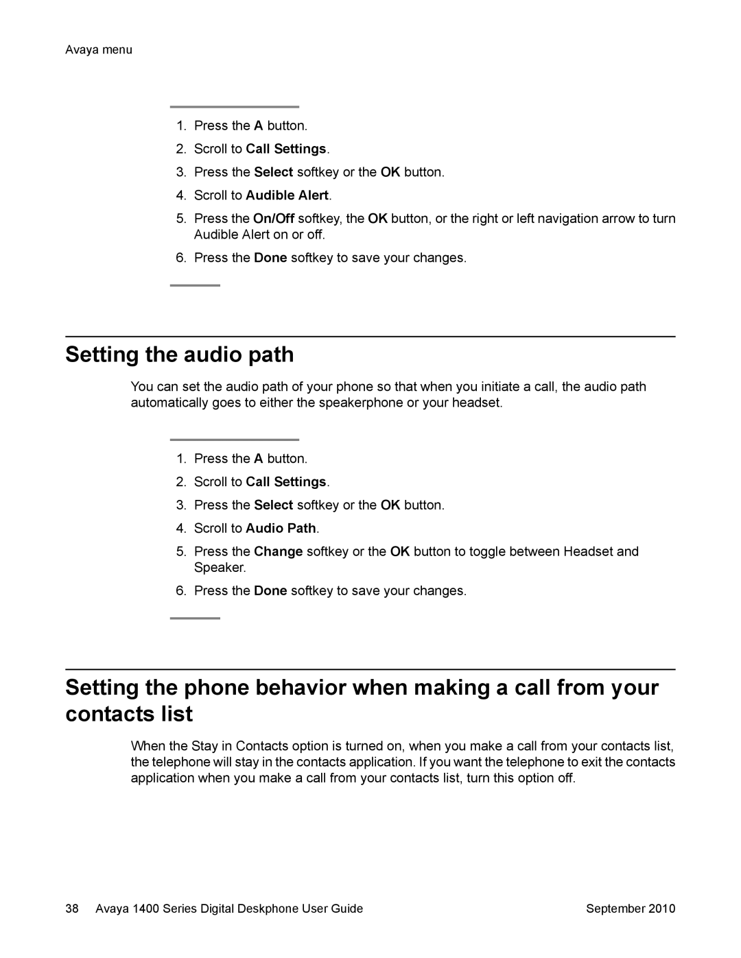 Avaya 1400 Series manual Setting the audio path, Scroll to Audible Alert 