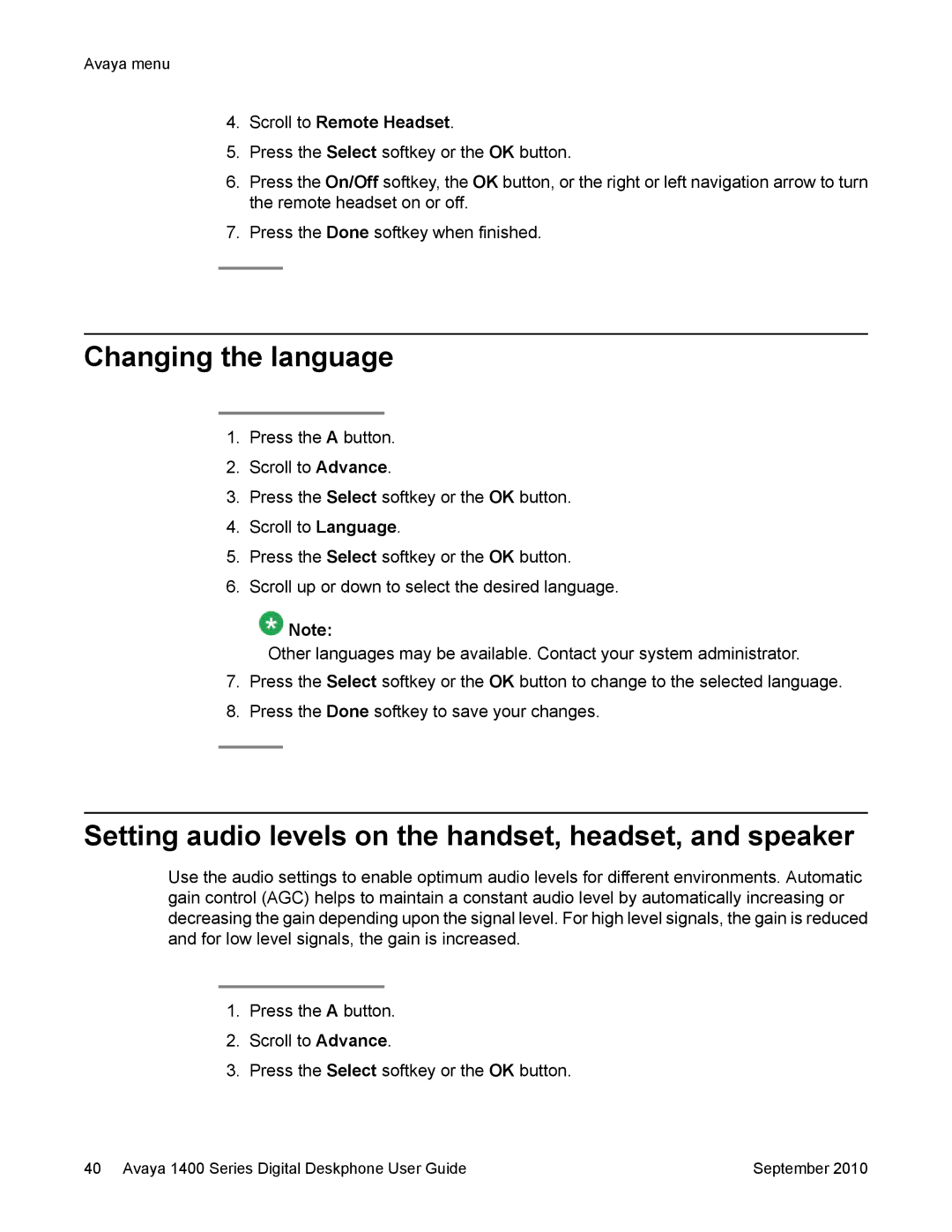 Avaya 1400 Series manual Changing the language, Setting audio levels on the handset, headset, and speaker 