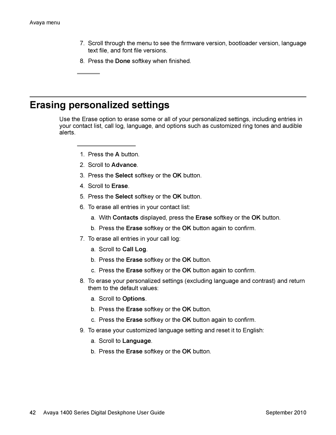 Avaya 1400 Series manual Erasing personalized settings 