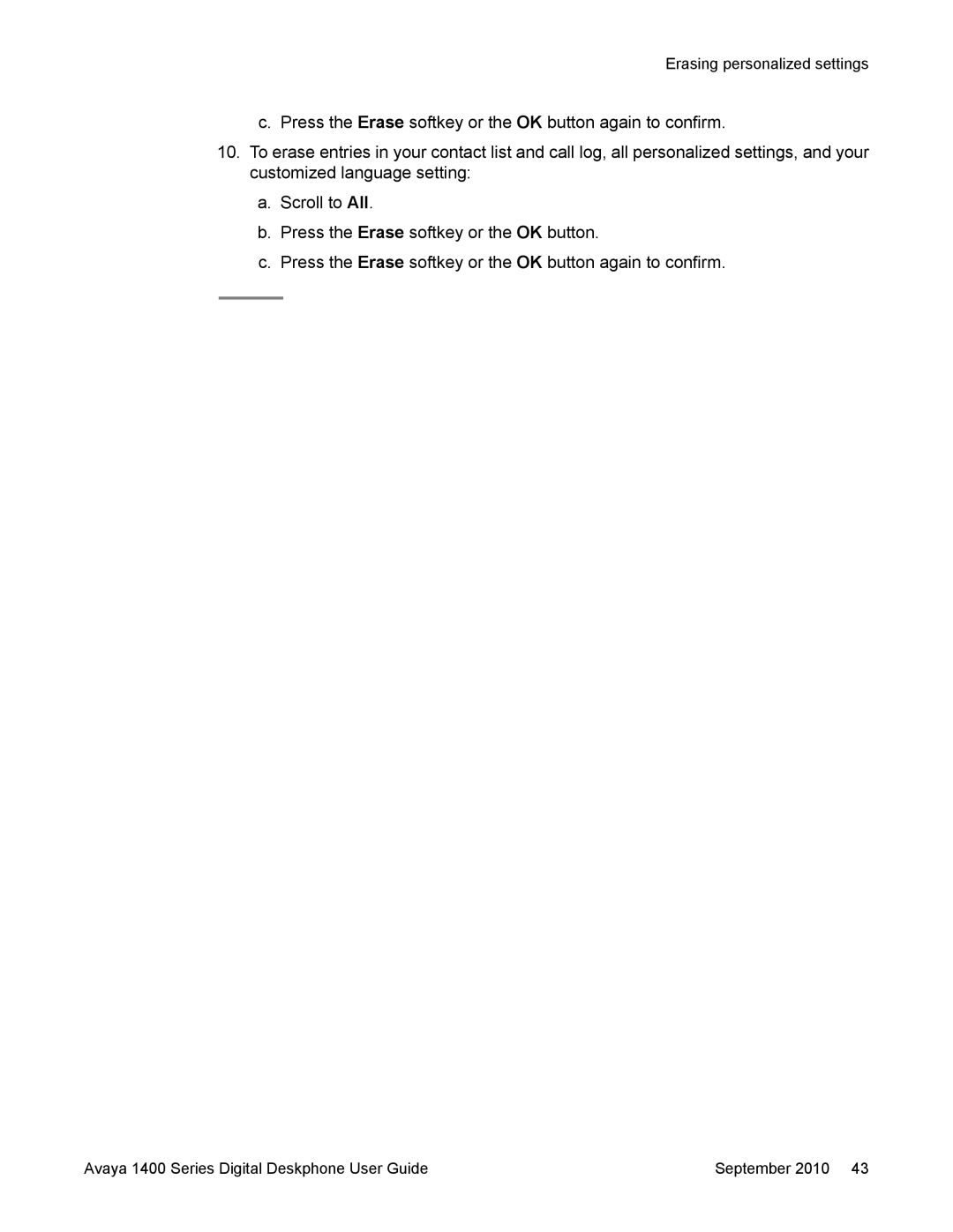 Avaya 1400 Series manual Erasing personalized settings 