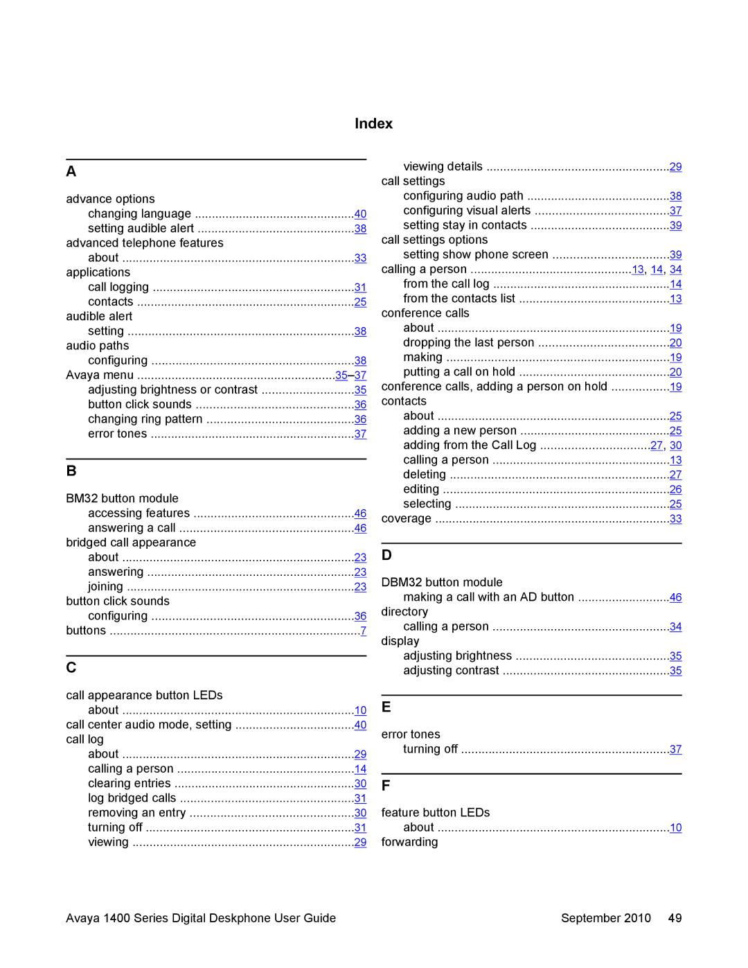 Avaya 1400 Series manual Index 