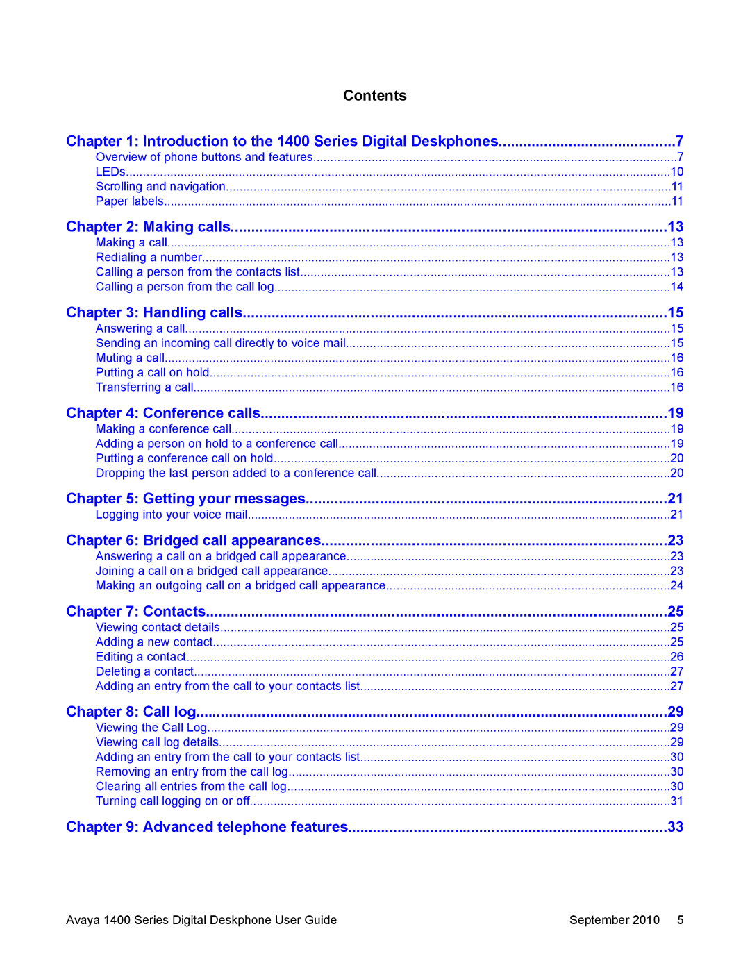 Avaya manual Contents Introduction to the 1400 Series Digital Deskphones 