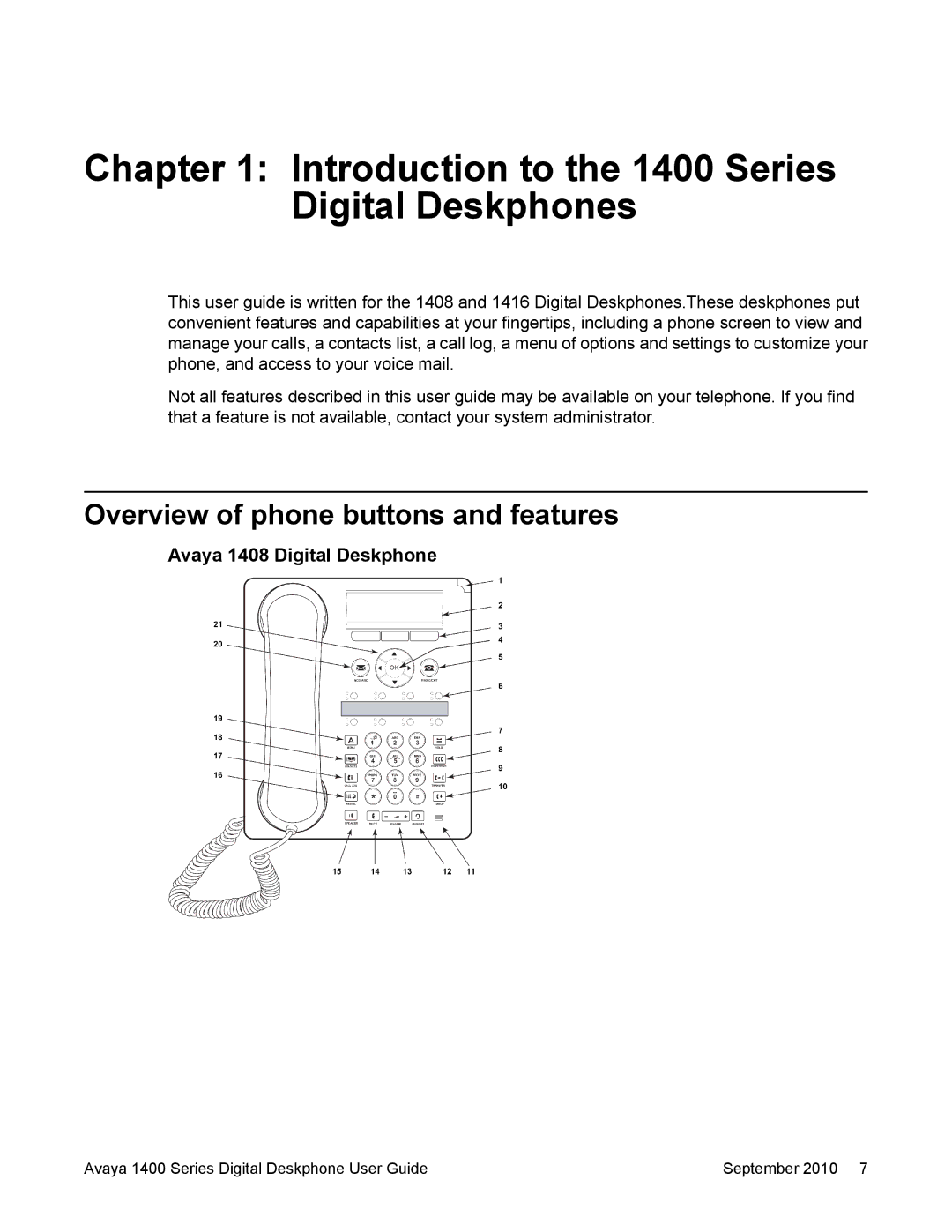 Avaya manual Introduction to the 1400 Series Digital Deskphones, Overview of phone buttons and features 