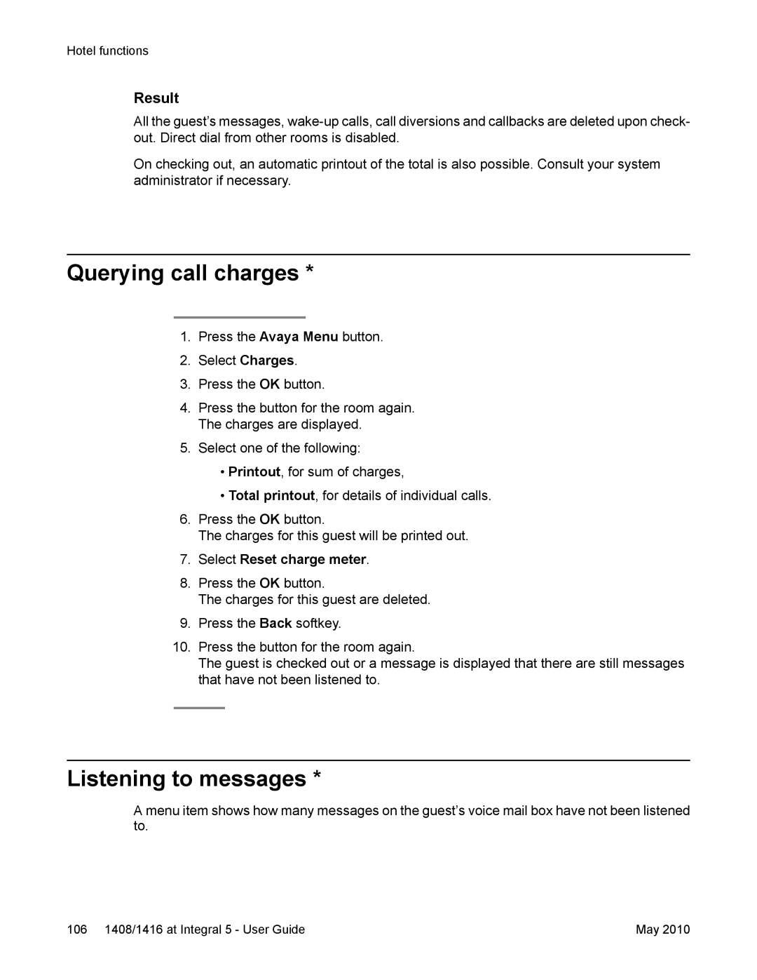 Avaya 1408, 1416 manual Querying call charges, Listening to messages, Select Reset charge meter 