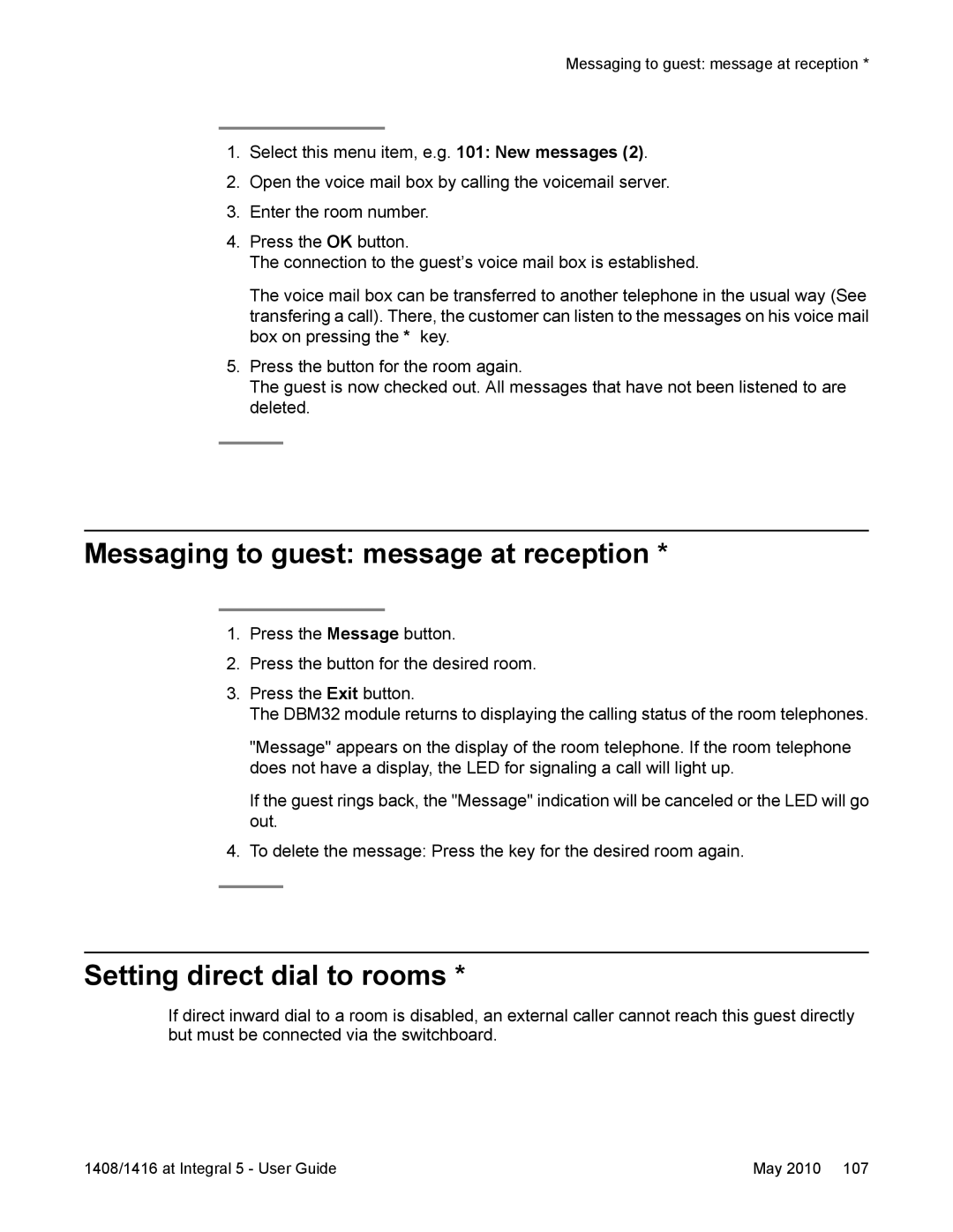 Avaya 1416, 1408 manual Messaging to guest message at reception, Setting direct dial to rooms 