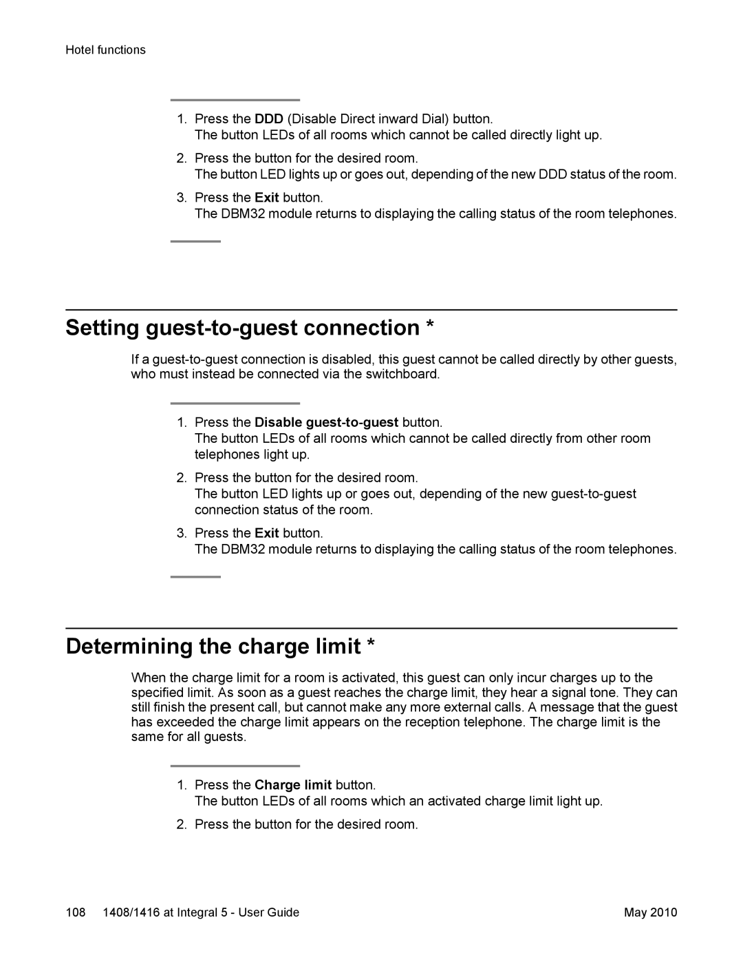 Avaya 1408, 1416 Setting guest-to-guest connection, Determining the charge limit, Press the Disable guest-to-guest button 