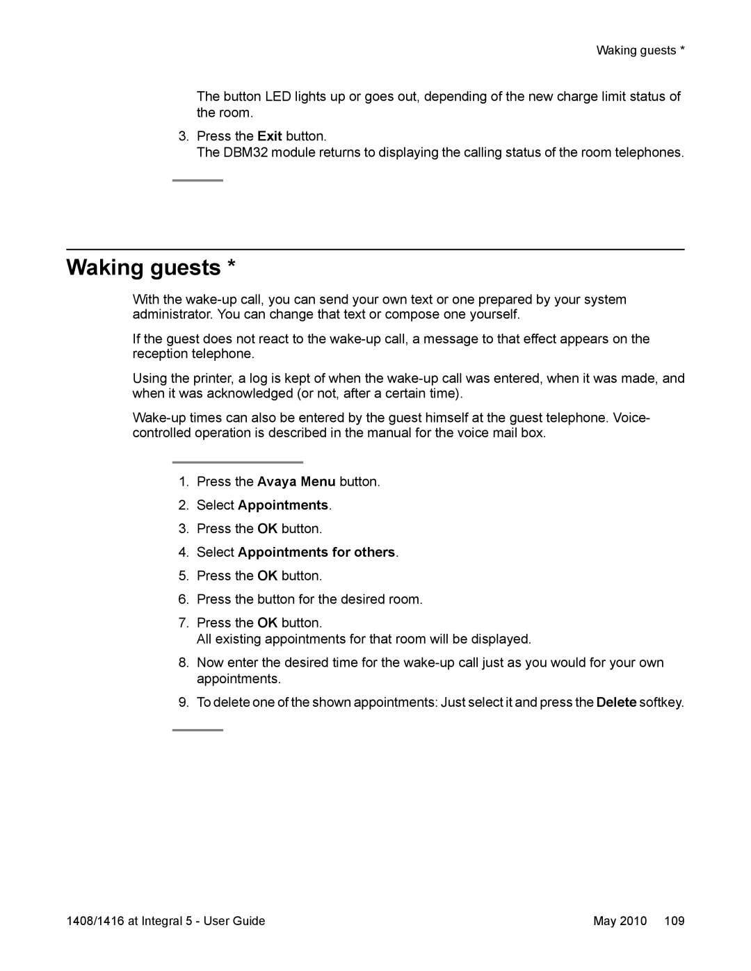 Avaya 1416, 1408 manual Waking guests, Select Appointments for others 
