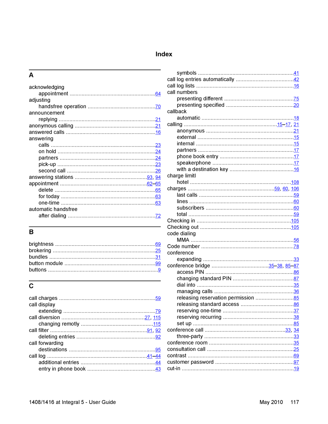 Avaya 1416, 1408 manual Index 