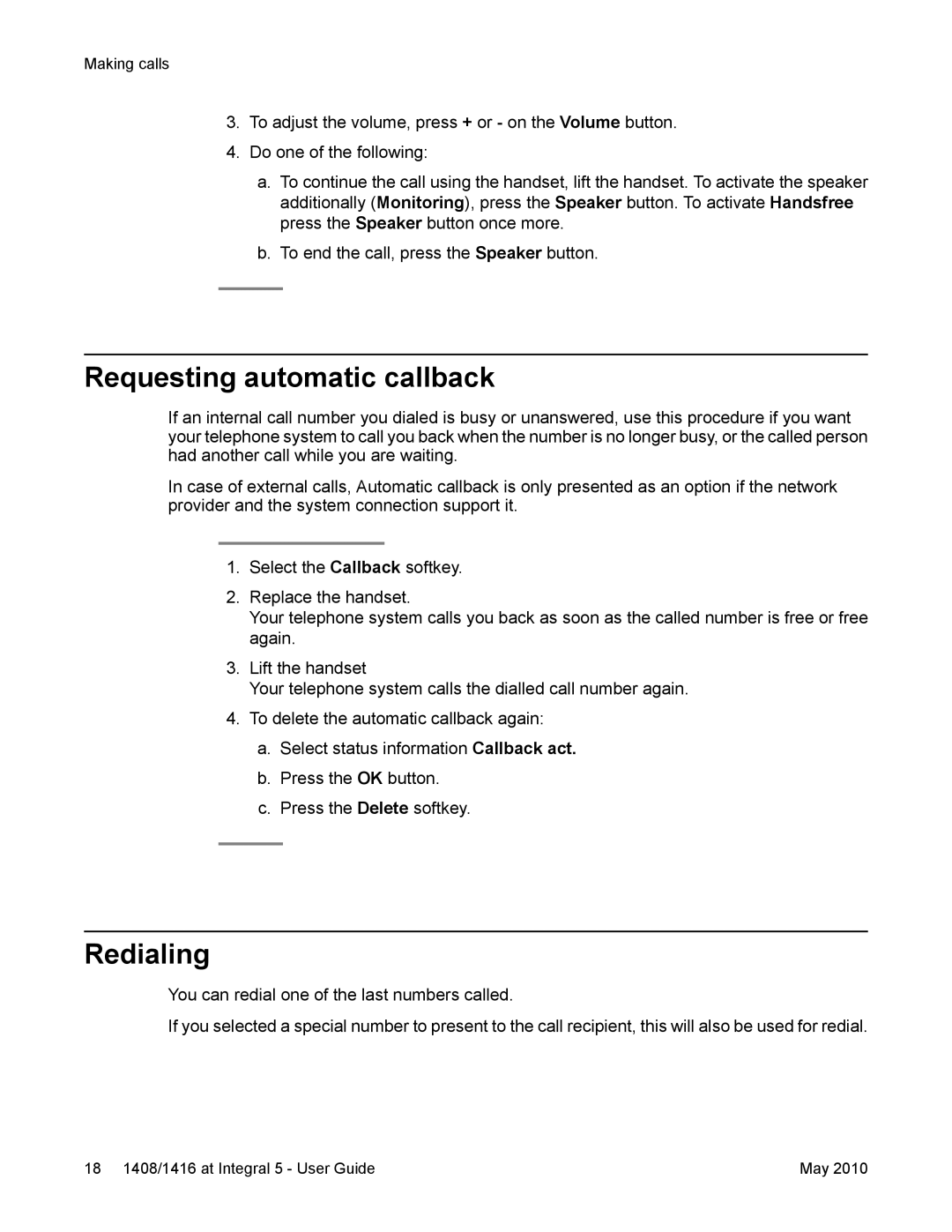 Avaya 1408, 1416 manual Requesting automatic callback, Redialing 